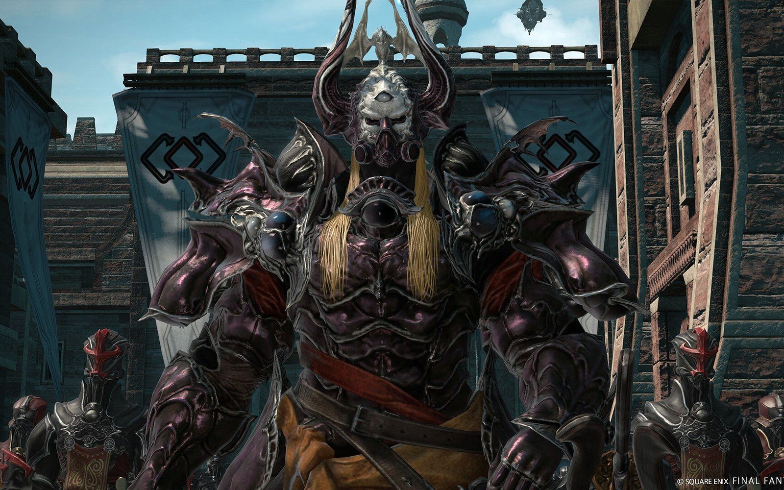 Armored horned warrior with an ornate mask stands before banners in a fantasy city